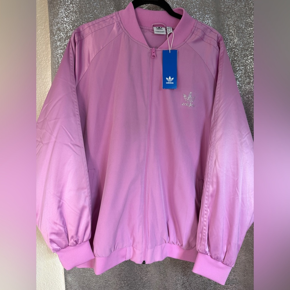 Adidas Pink Bomber Jacket and Pants

Pink satin with bedazzled Adidas logo